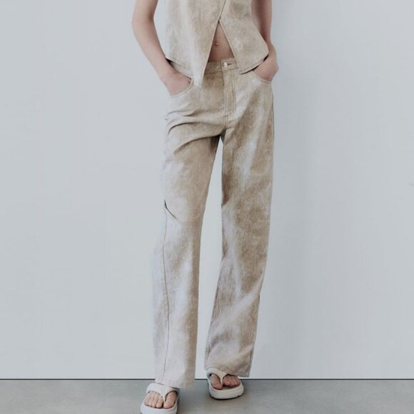 NWT BEIGE PRINTED LINEN BLEND PANTS